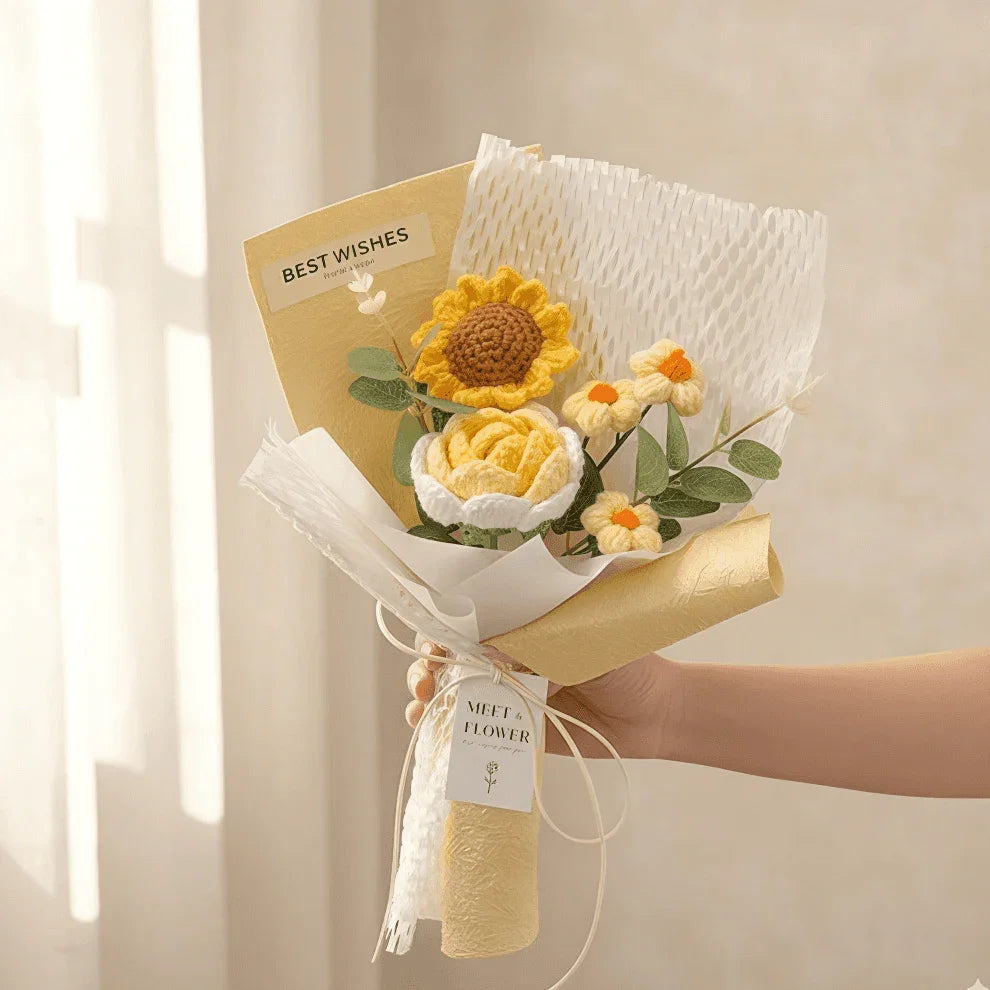 Mini Crochet Sunflower Bouquet Handmade "Best Wishes" Gift