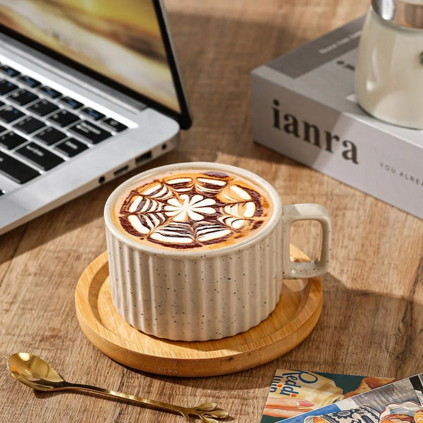 Ribbed Ceramic Mug & Bamboo Saucer Set