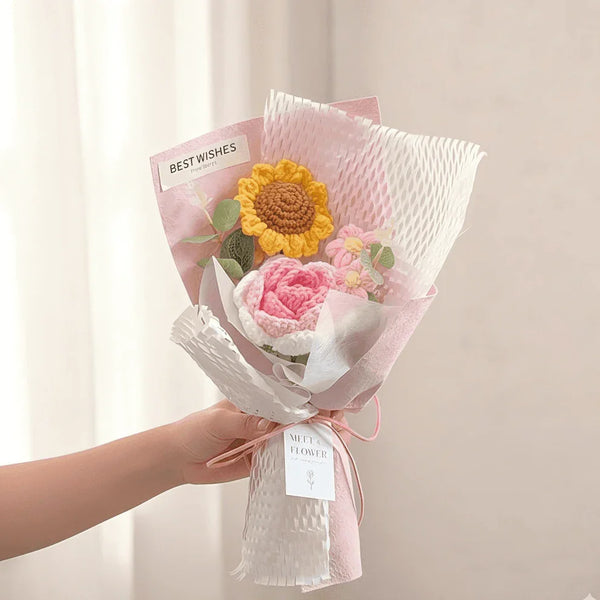 Mini Crochet Sunflower Bouquet Handmade "Best Wishes" Gift