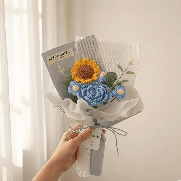 Mini Crochet Sunflower Bouquet Handmade "Best Wishes" Gift