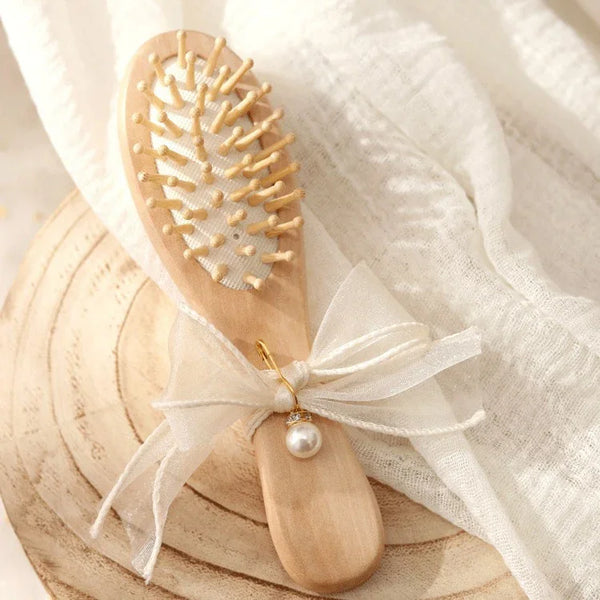 Mini Wooden Anti-Static Massage Brush with Pearl Bow