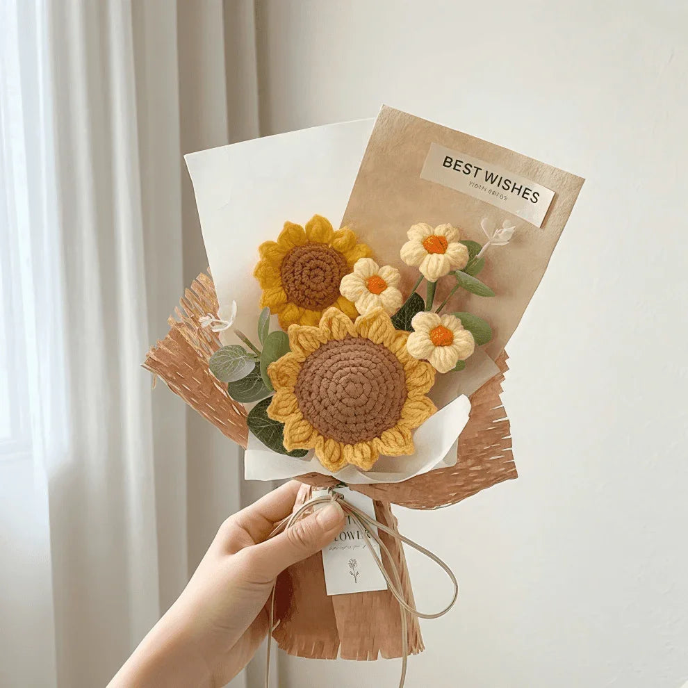 Mini Crochet Sunflower Bouquet Handmade "Best Wishes" Gift