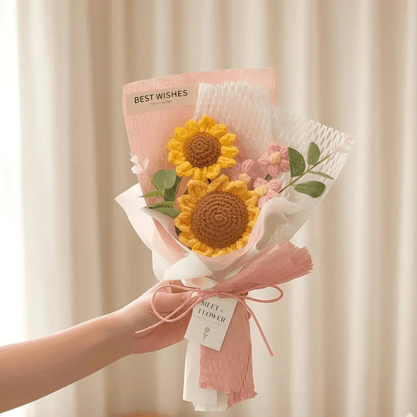 Mini Crochet Sunflower Bouquet Handmade "Best Wishes" Gift