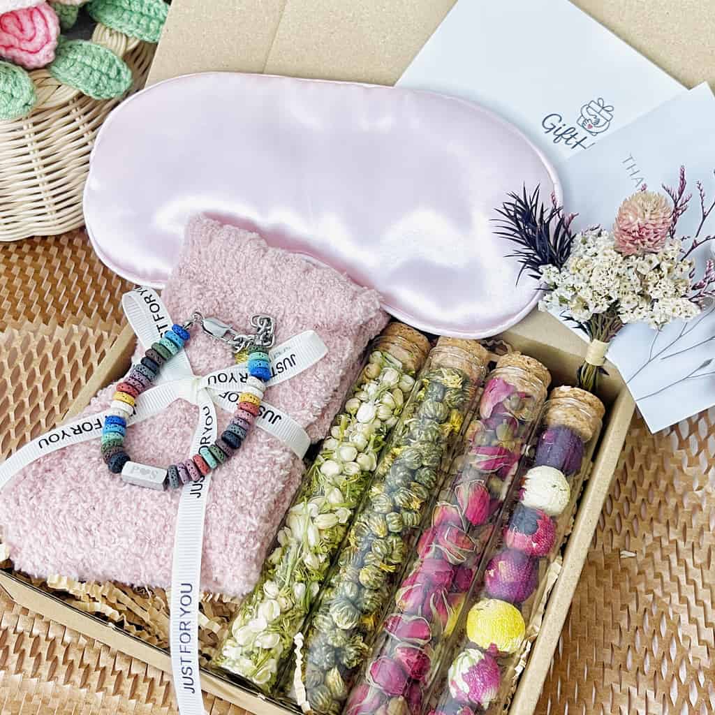 Personalized Tea Gift Box | Engraved Bracelet, Cozy Care Package