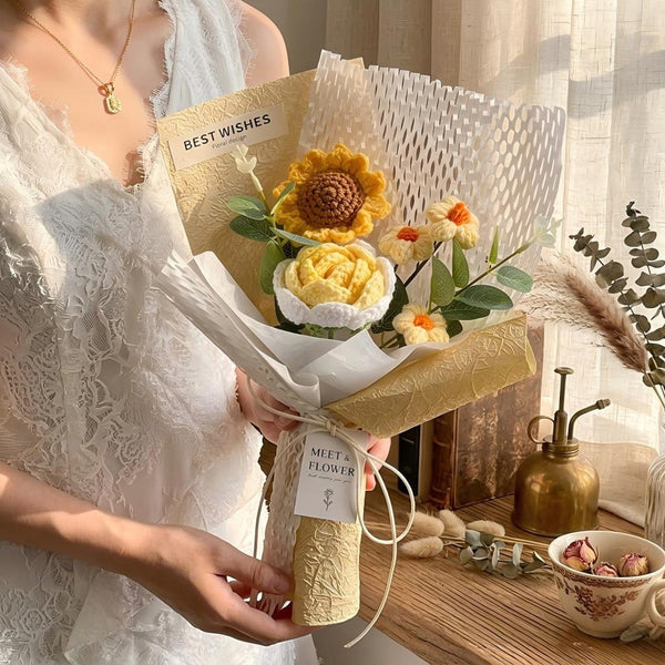 Handmade Crochet Flower Bouquet, Everlasting Knitted Sunflower and Rose, Yarn Floral Arrangement, Anniversary Gift for Her, Home Desk Decor