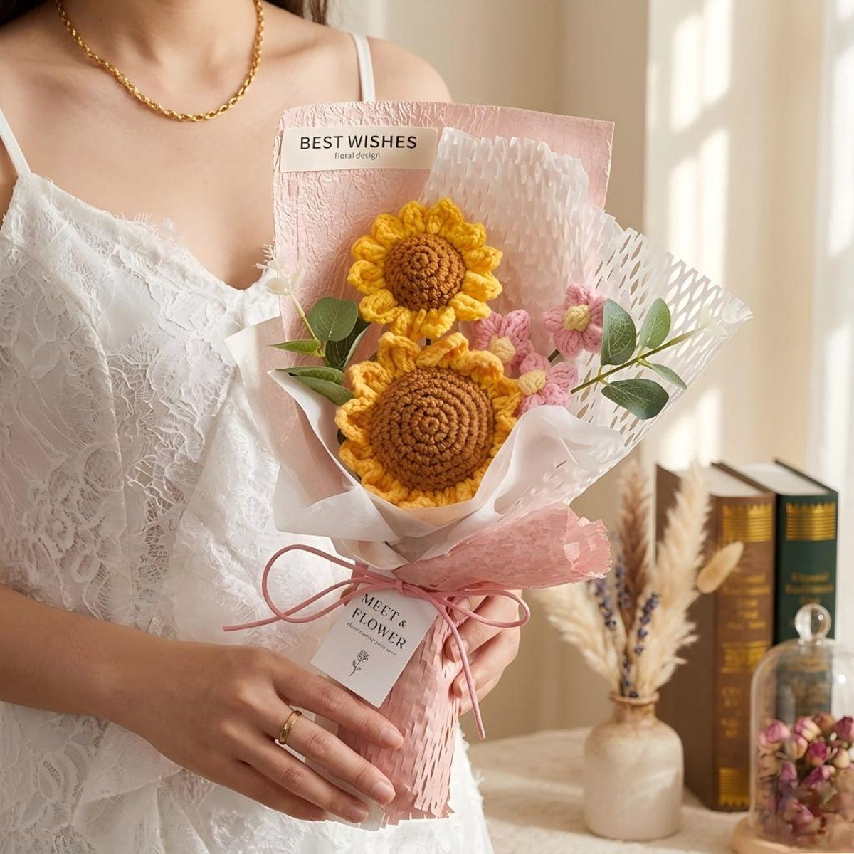 Handmade Crochet Flower Bouquet, Everlasting Knitted Sunflower and Rose, Yarn Floral Arrangement, Anniversary Gift for Her, Home Desk Decor