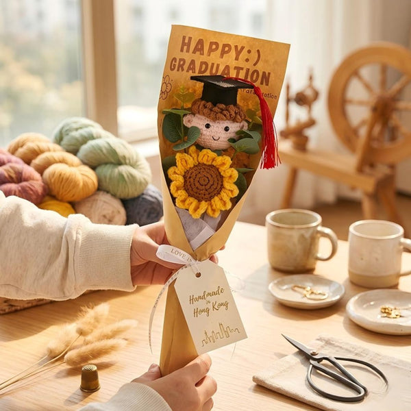 Crochet Graduation Bouquet, Knitted Sunflower & Grad Doll, Everlasting Floral Gift, High School College Grad Gift for Boy Girl, Keepsake
