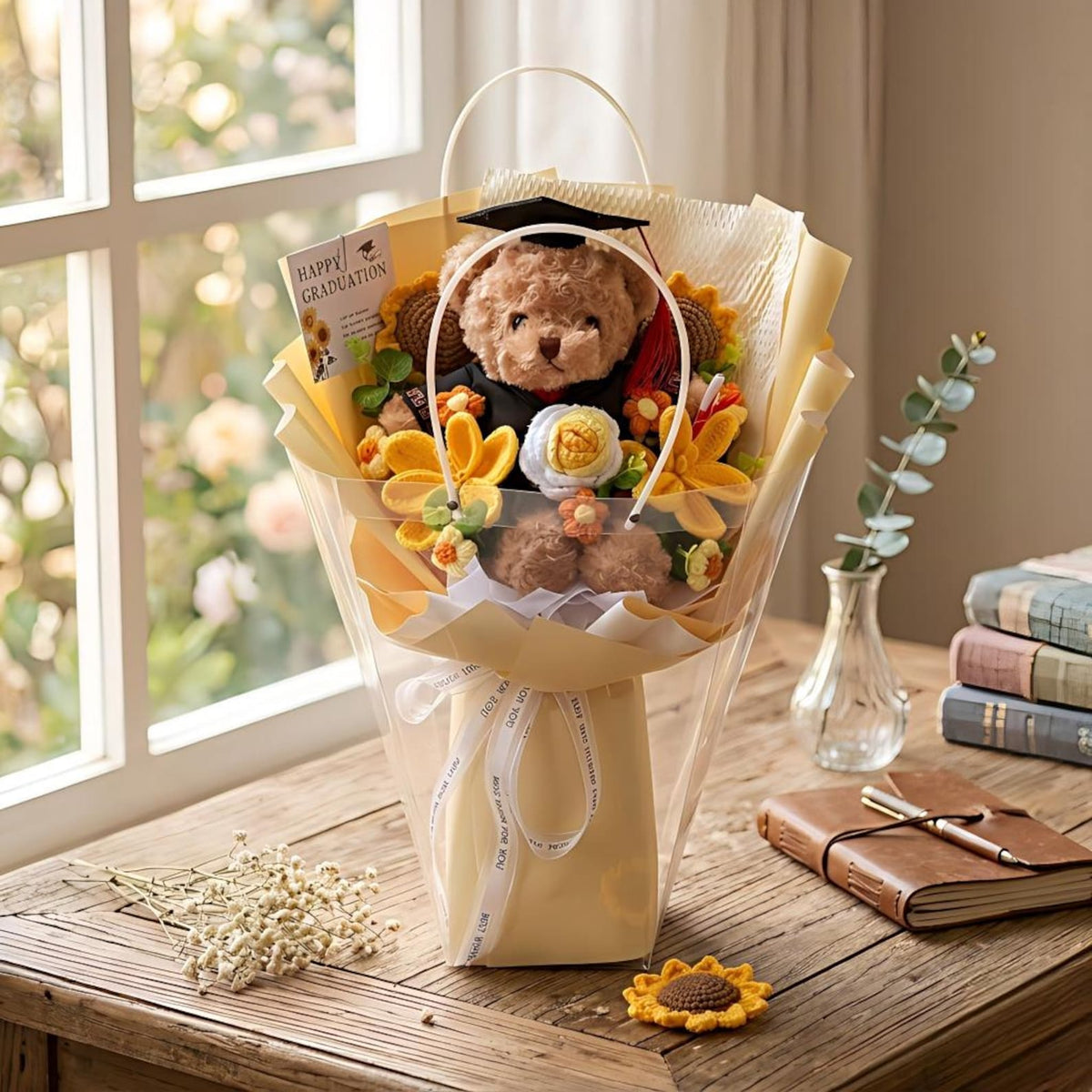 Crochet Bear Bouquet, Plush Teddy Bear with Knitted Flowers, Graduation Bouquet Gift, Class of 2026, Birthday Gift for Bestie Girlfriend