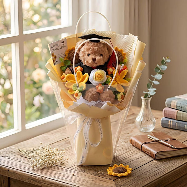 Crochet Bear Bouquet, Plush Teddy Bear with Knitted Flowers, Graduation Bouquet Gift, Class of 2026, Birthday Gift for Bestie Girlfriend