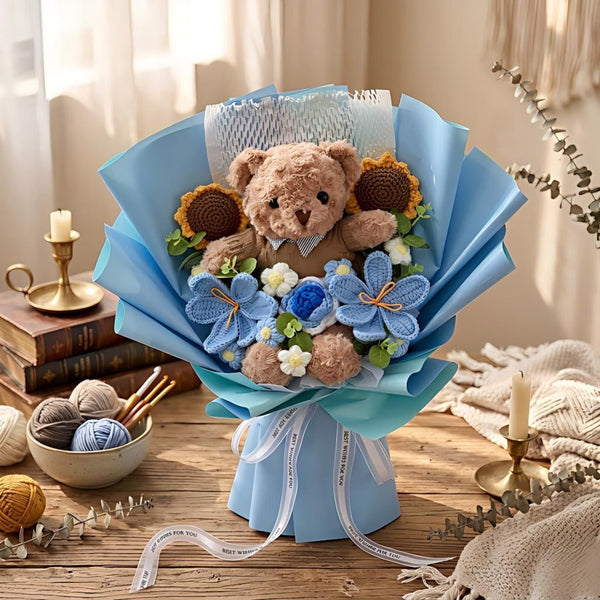Crochet Bear Bouquet, Plush Teddy Bear with Knitted Flowers, Graduation Bouquet Gift, Class of 2026, Birthday Gift for Bestie Girlfriend
