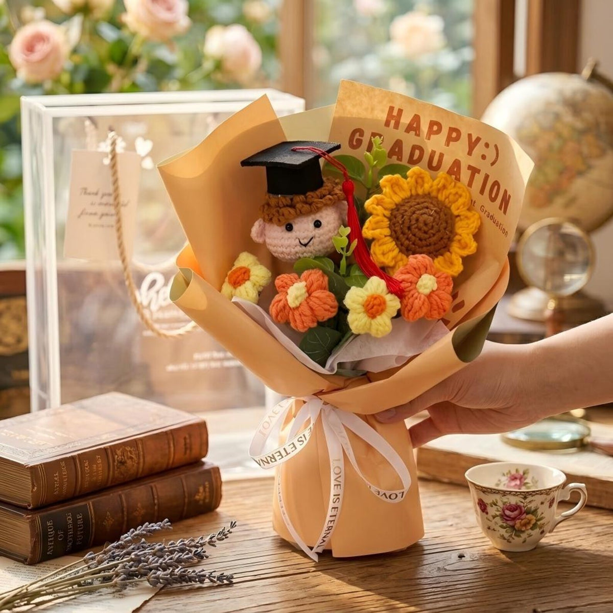 Petite Crochet Graduation Bouquet, Knitted Grad Doll with Sunflower, Class of 2026 College High School Gift, Clear Gift Box for Boy Girl