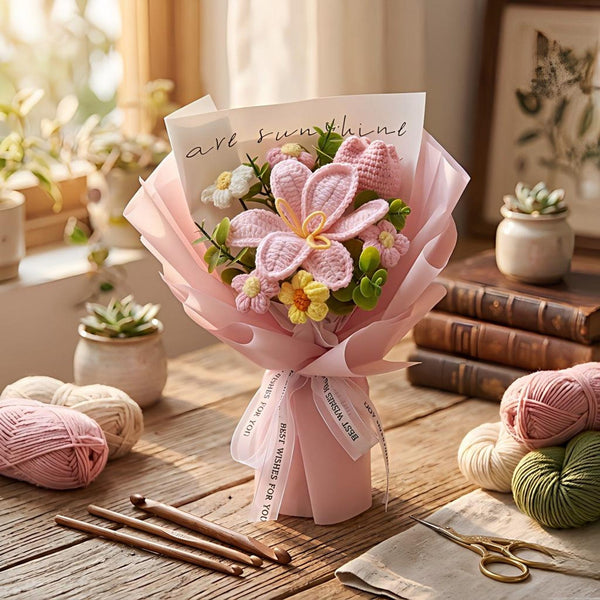 Chubby Tulip Crochet Bouquet, Knitted Sunflower and Tulip, Mother's Day Gift, Graduation Flowers, Everlasting Floral Gift for Mom Bestie