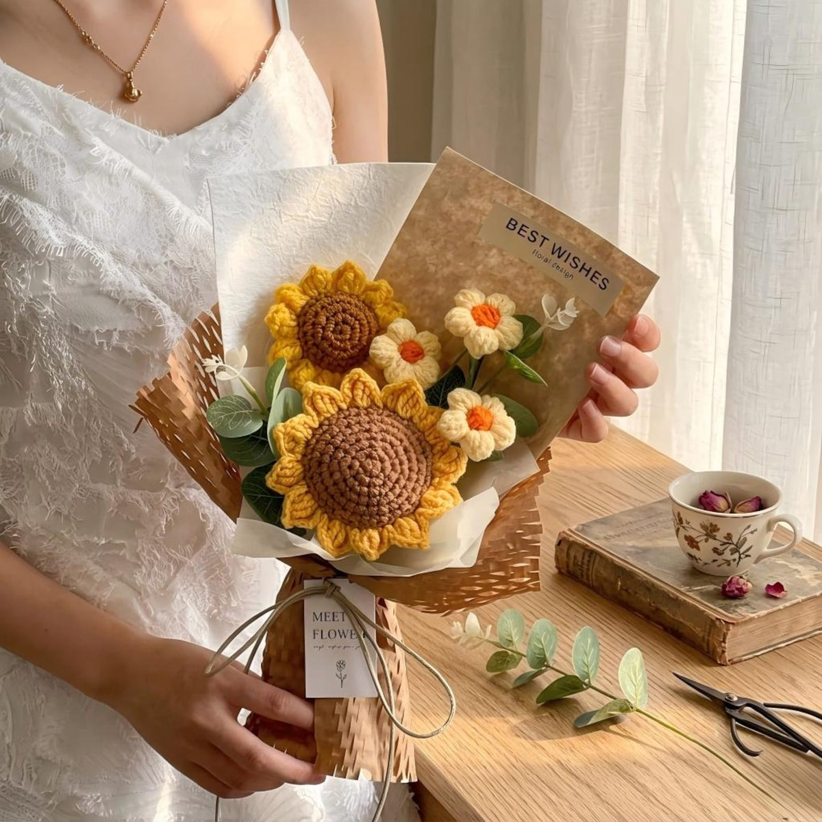 Handmade Crochet Flower Bouquet, Everlasting Knitted Sunflower and Rose, Yarn Floral Arrangement, Anniversary Gift for Her, Home Desk Decor