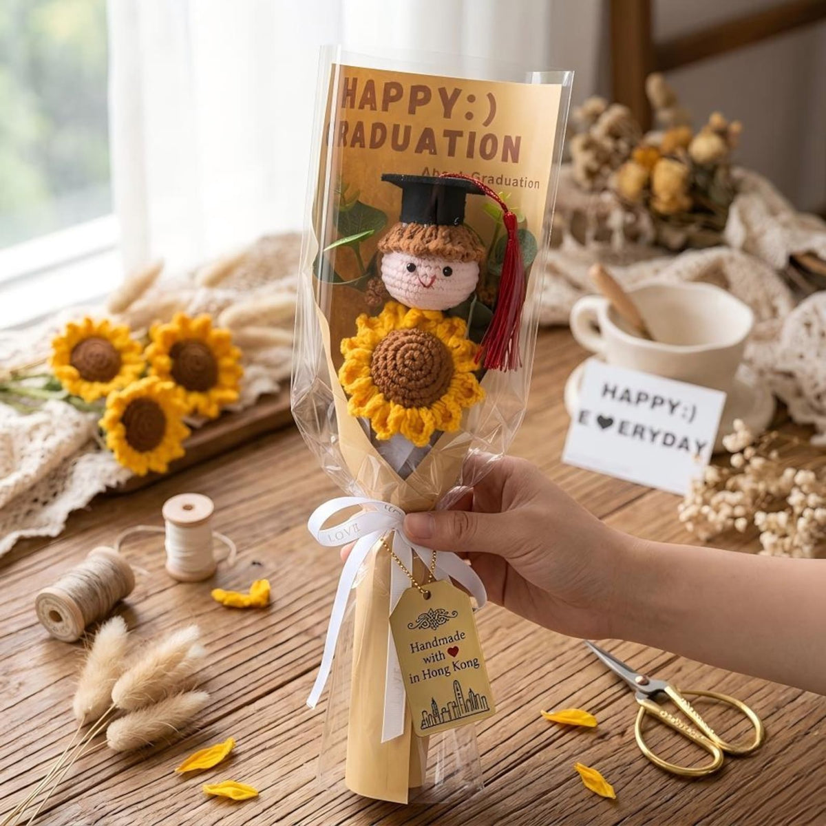 Crochet Graduation Bouquet, Knitted Sunflower & Grad Doll, Everlasting Floral Gift, High School College Grad Gift for Boy Girl, Keepsake