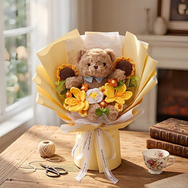 Crochet Bear Bouquet, Plush Teddy Bear with Knitted Flowers, Graduation Bouquet Gift, Class of 2026, Birthday Gift for Bestie Girlfriend