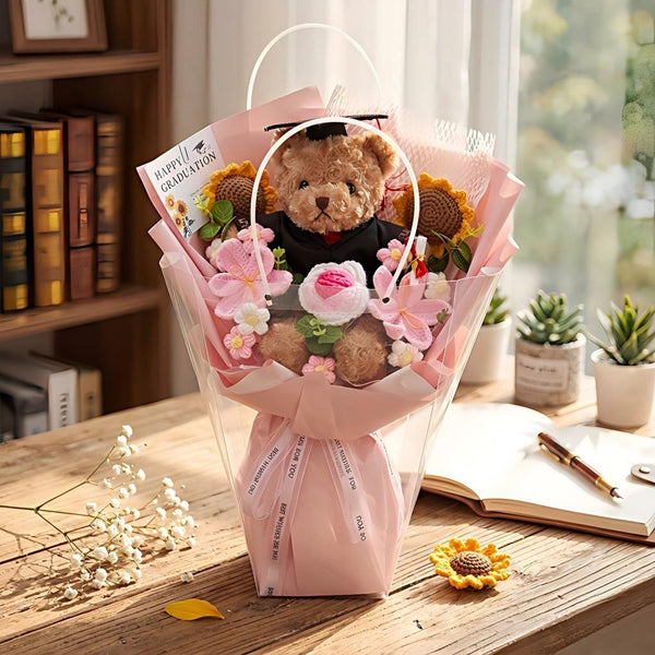 Crochet Bear Bouquet, Plush Teddy Bear with Knitted Flowers, Graduation Bouquet Gift, Class of 2026, Birthday Gift for Bestie Girlfriend