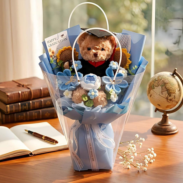 Crochet Bear Bouquet, Plush Teddy Bear with Knitted Flowers, Graduation Bouquet Gift, Class of 2026, Birthday Gift for Bestie Girlfriend