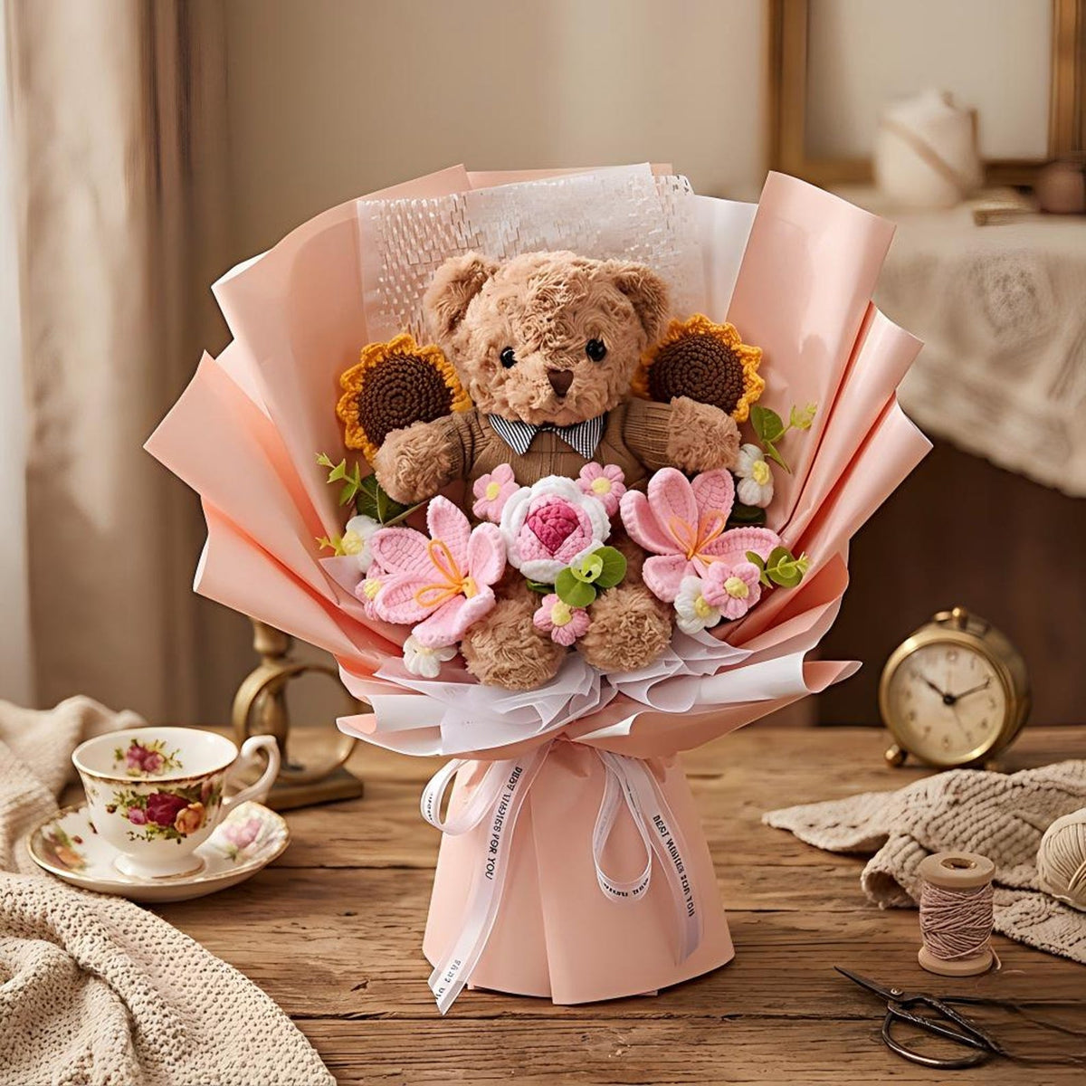 Crochet Bear Bouquet, Plush Teddy Bear with Knitted Flowers, Graduation Bouquet Gift, Class of 2026, Birthday Gift for Bestie Girlfriend