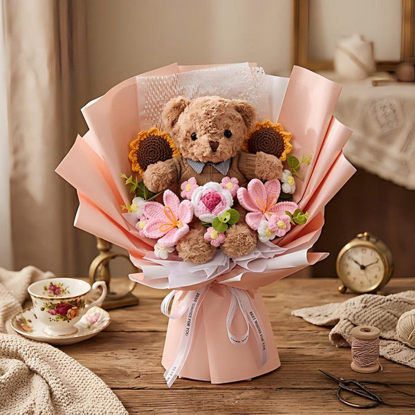 Crochet Bear Bouquet, Plush Teddy Bear with Knitted Flowers, Graduation Bouquet Gift, Class of 2026, Birthday Gift for Bestie Girlfriend