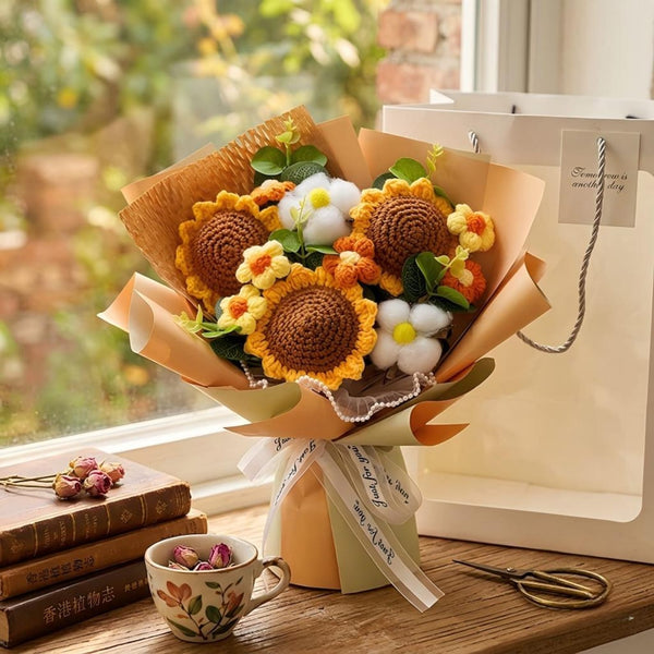 Crochet Flower Bouquet, Knitted Rose and Sunflower, Mother's Day Gift, Graduation Flowers, Everlasting Floral Gift for Mom Bestie