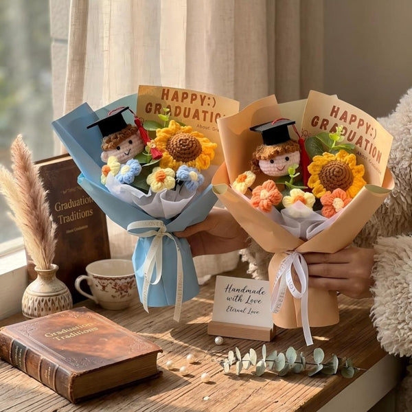 Petite Crochet Graduation Bouquet, Knitted Grad Doll with Sunflower, Class of 2026 College High School Gift, Clear Gift Box for Boy Girl