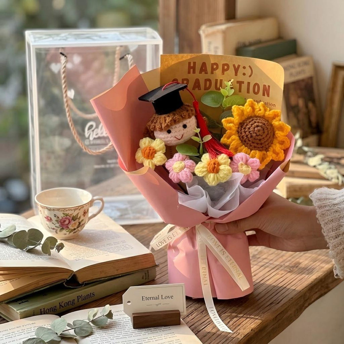 Petite Crochet Graduation Bouquet, Knitted Grad Doll with Sunflower, Class of 2026 College High School Gift, Clear Gift Box for Boy Girl