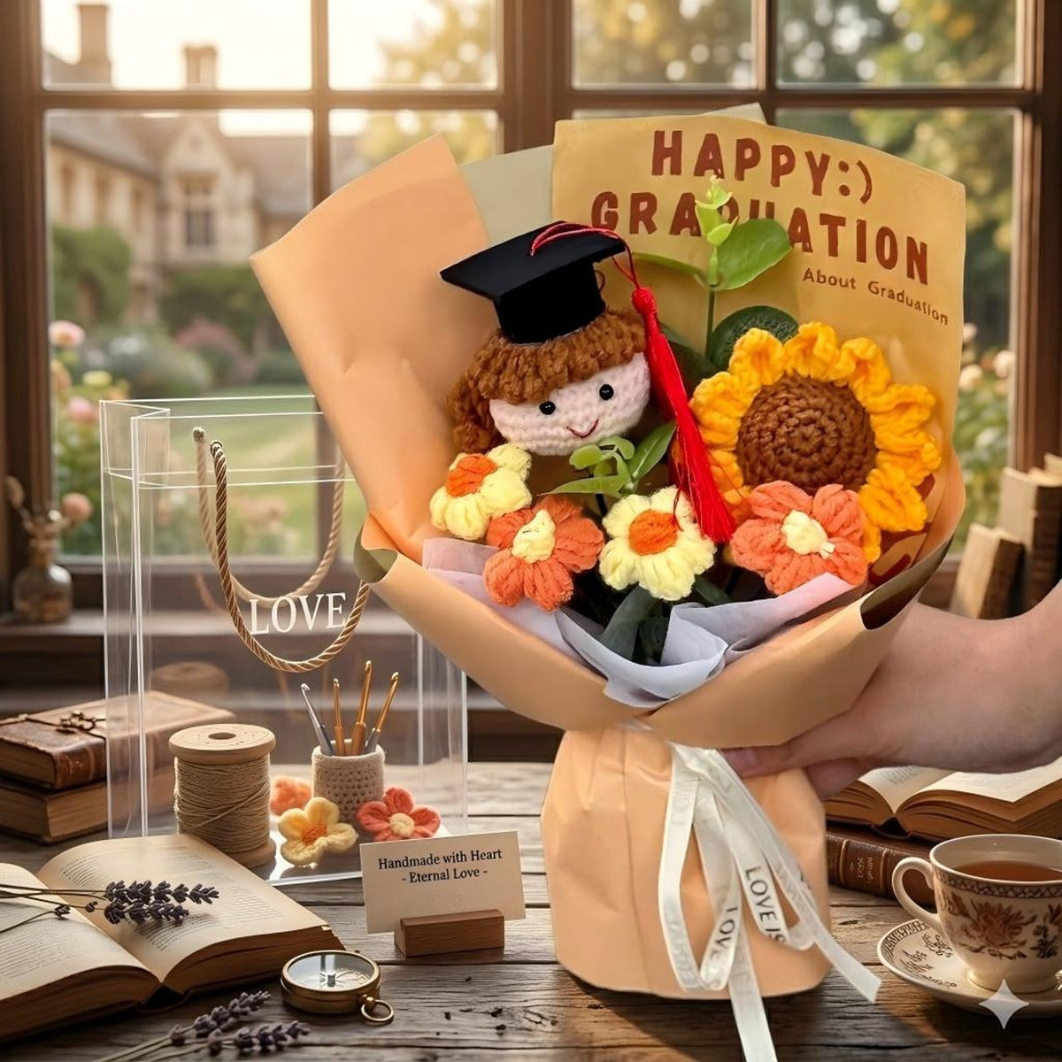 Petite Crochet Graduation Bouquet, Knitted Grad Doll with Sunflower, Class of 2026 College High School Gift, Clear Gift Box for Boy Girl