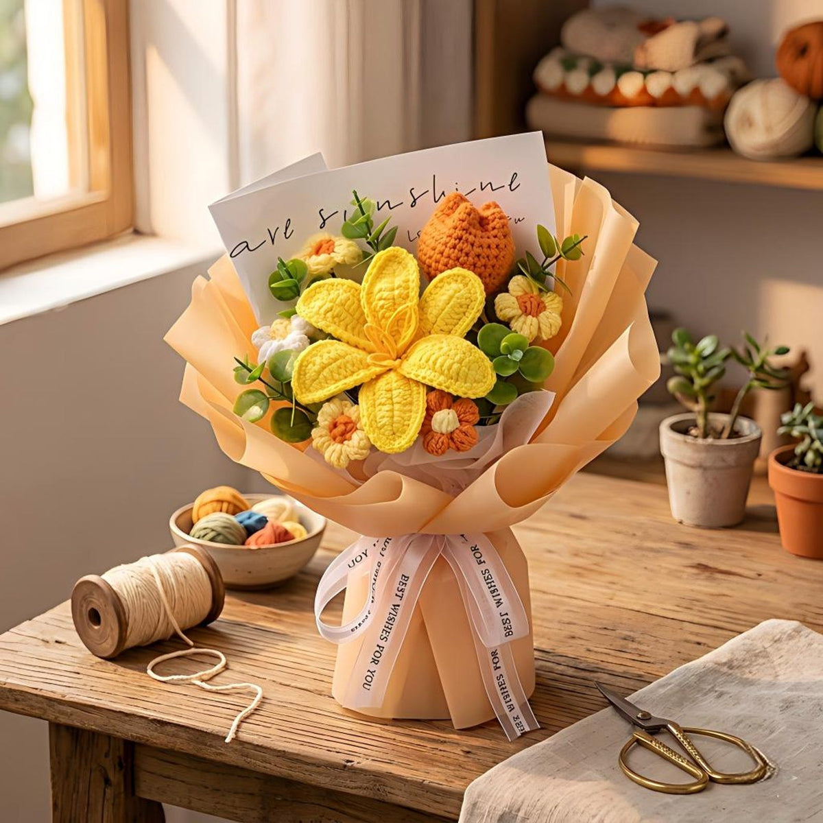 Chubby Tulip Crochet Bouquet, Knitted Sunflower and Tulip, Mother's Day Gift, Graduation Flowers, Everlasting Floral Gift for Mom Bestie