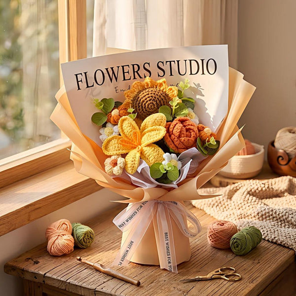 Chubby Tulip Crochet Bouquet, Knitted Sunflower and Tulip, Mother's Day Gift, Graduation Flowers, Everlasting Floral Gift for Mom Bestie