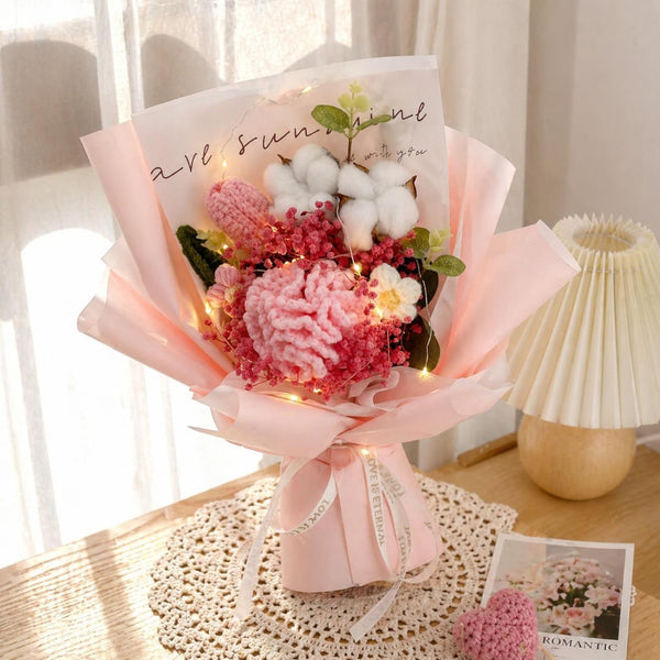 Handcrafted Crochet Flower Bouquet with Fairy Lights, Everlasting Knit Rose & Cotton Blooms, Graduation Gift for Her, Mother's Day Keepsake
