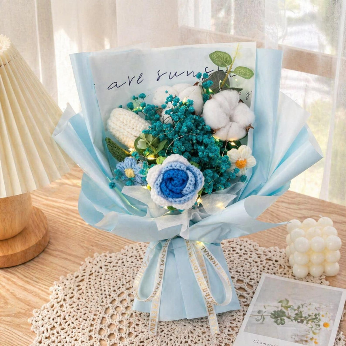Handcrafted Crochet Flower Bouquet with Fairy Lights, Everlasting Knit Rose & Cotton Blooms, Graduation Gift for Her, Mother's Day Keepsake