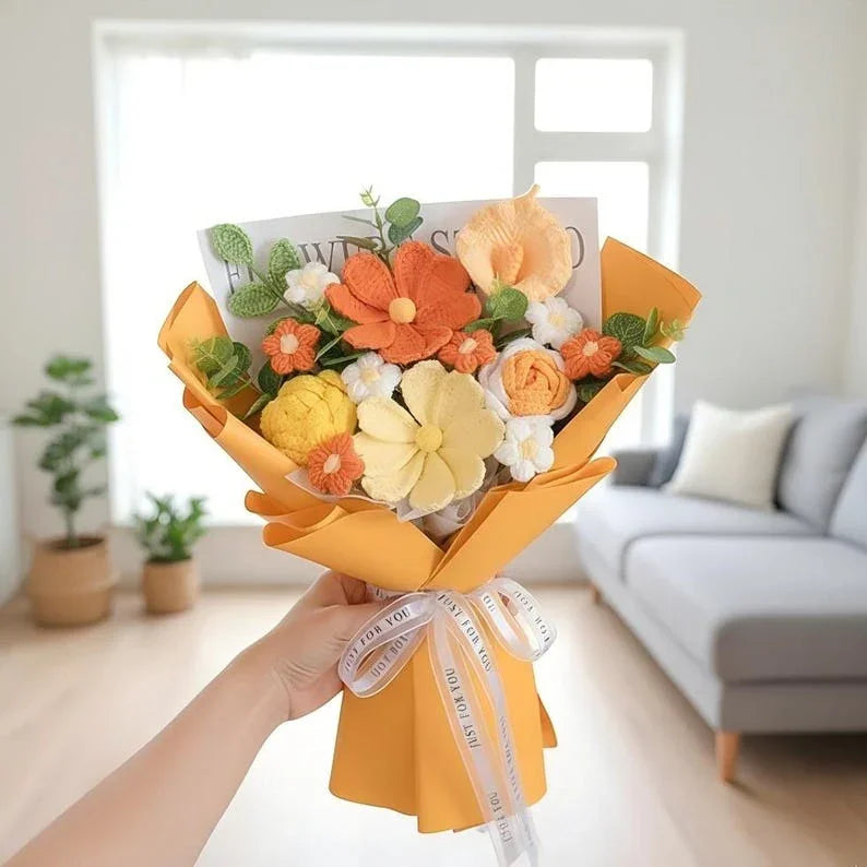 Crochet Flower Bouquet – Cotton Yarn Roses & Daisies Gift