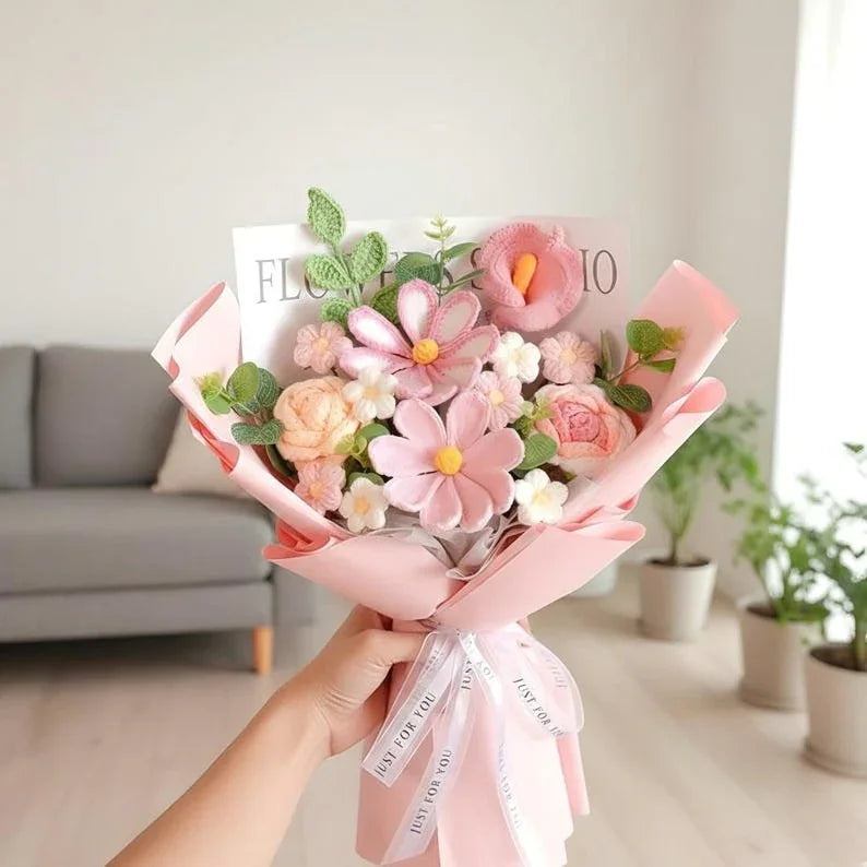 Crochet Flower Bouquet – Cotton Yarn Roses & Daisies Gift