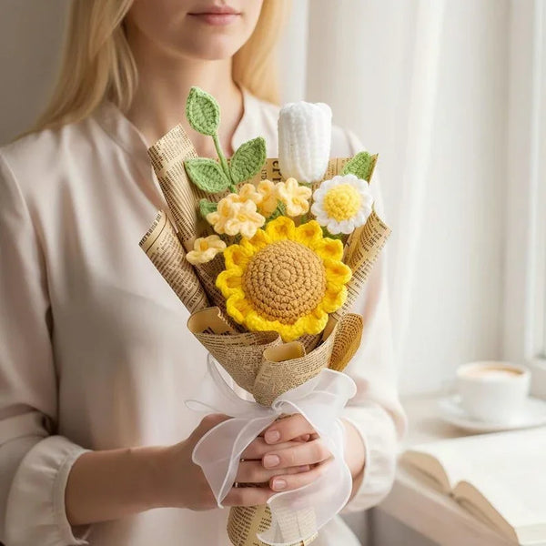 Crochet Mini Flower Bouquet – Sunflower & Daisy Yarn Floral Gift