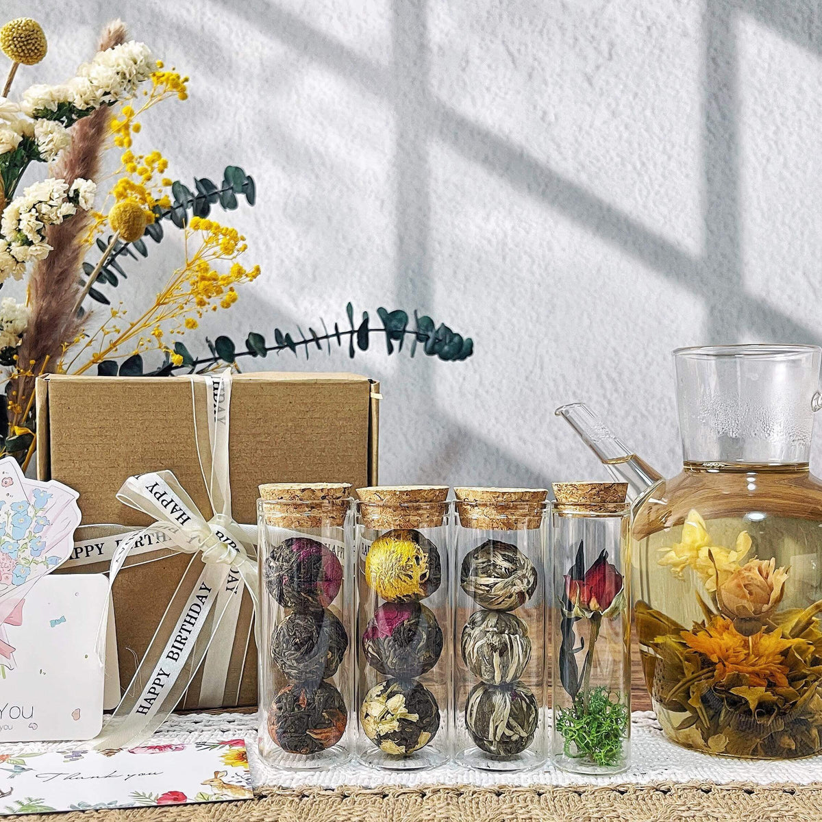 Blooming Tea Gift Set – Black & Green Flower Balls with Dried Flowers