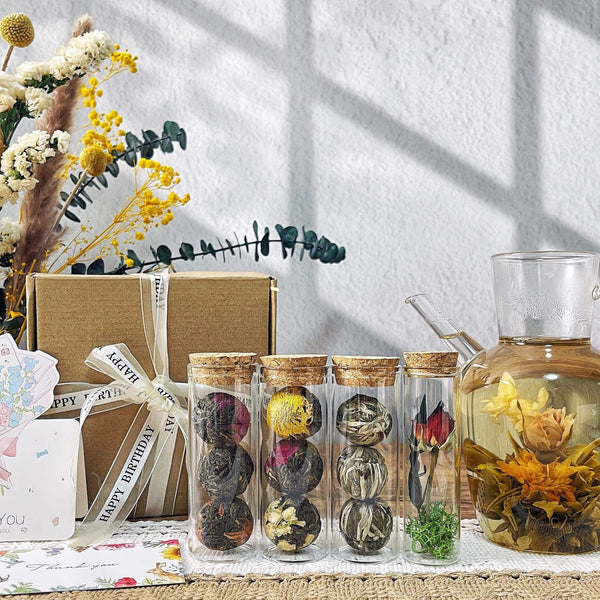 Blooming Tea Gift Set – Black & Green Flower Balls with Dried Flowers