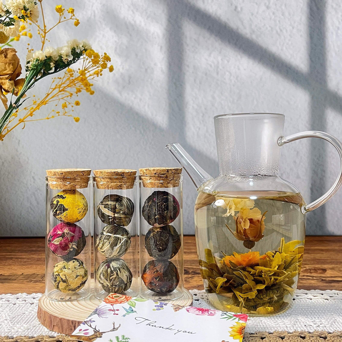 Blooming Tea Gift Set – Black & Green Flower Balls with Dried Flowers