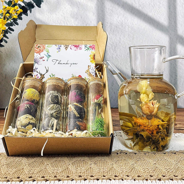 Blooming Tea Gift Set – Black & Green Flower Balls with Dried Flowers