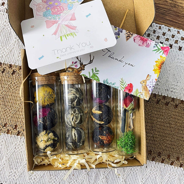 Blooming Tea Gift Set – Black & Green Flower Balls with Dried Flowers