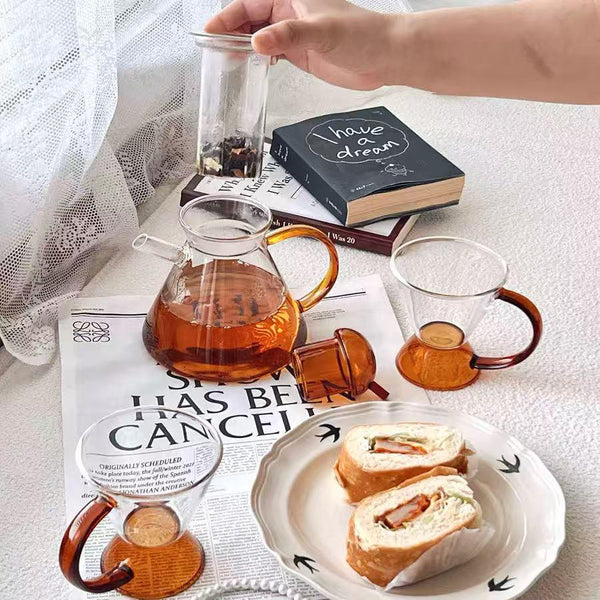 Amber Glass Teapot Gift Set – Borosilicate Infuser Pot with 2 Cups