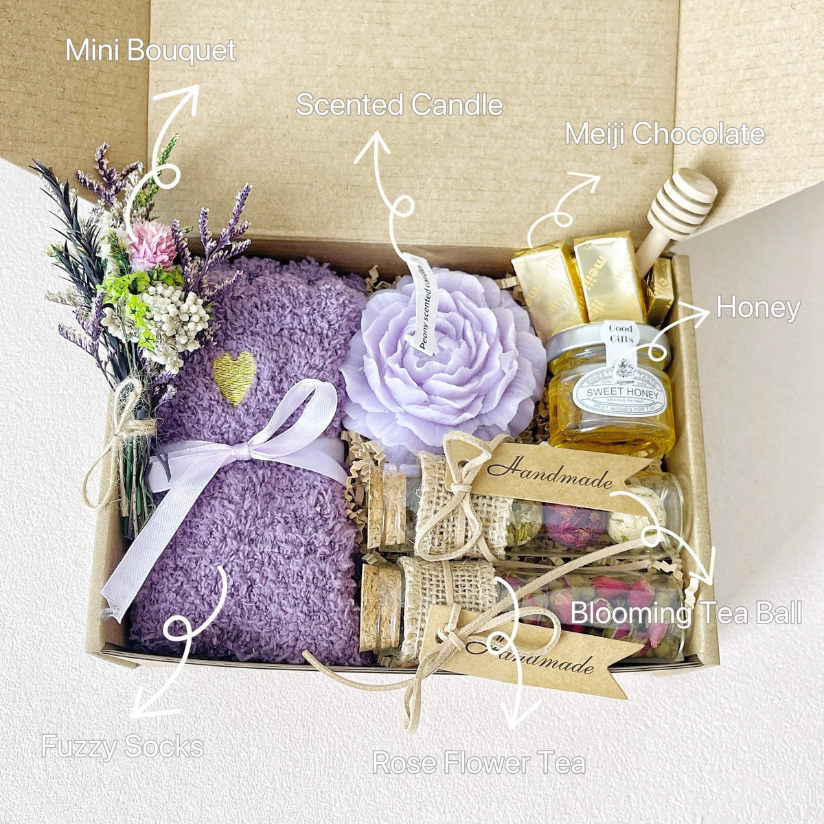 Relaxation Gift Box – Floral Tea, Honey, Candle & Cozy Socks