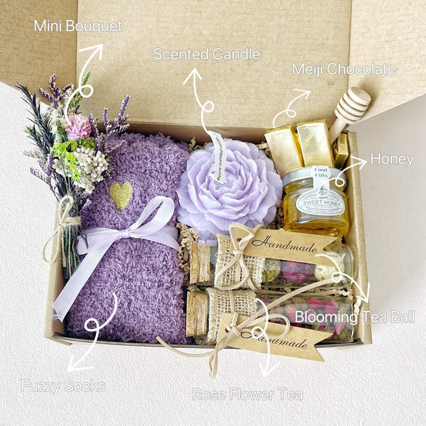 Relaxation Gift Box – Floral Tea, Honey, Candle & Cozy Socks