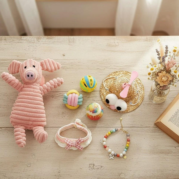 Dog Gift Box – Plush Toy, Hat, Balls & Knitted Collar Set