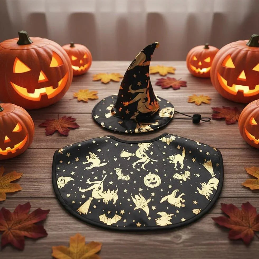 Halloween Pet Costume Set – Witch Hat, Cape & Toys for Dogs or Cats