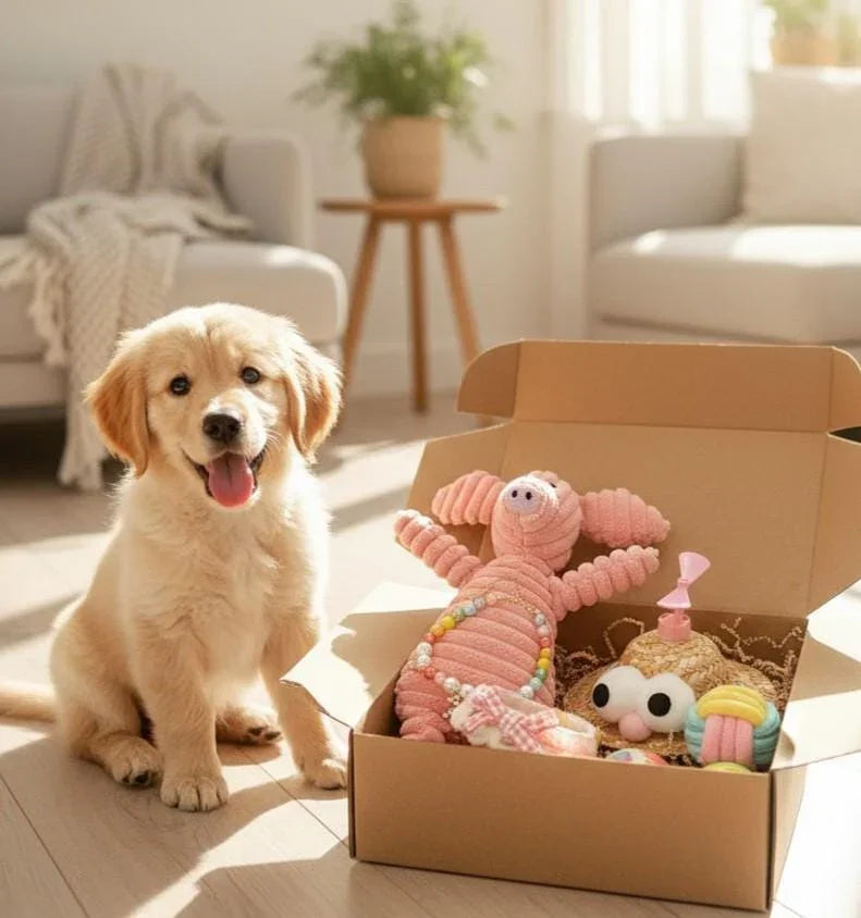 Dog Gift Box – Plush Toy, Hat, Balls & Knitted Collar Set