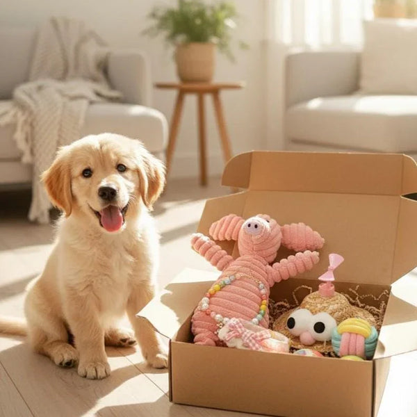 Dog Gift Box – Plush Toy, Hat, Balls & Knitted Collar Set